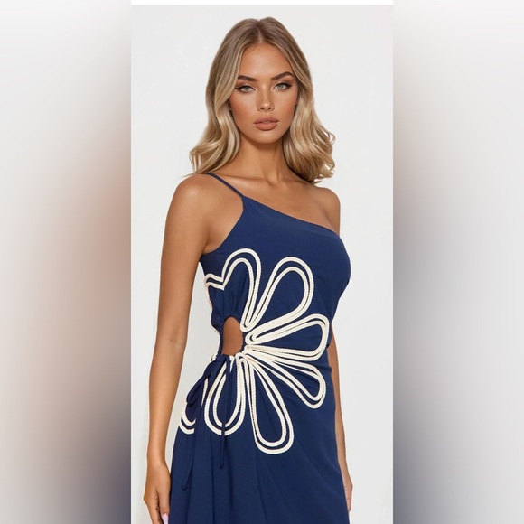 Navy Blue Maxi Dress with Cream Floral Detail - Picture 2 of 5